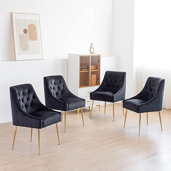 Modern Dining Chair Set of 6, Mid-Century Room Chair, Upholstered Comfortable Velvet with Back Pull Rod and Metal Legs for Kitchen, Dining, Living (Black), (DYXSD)