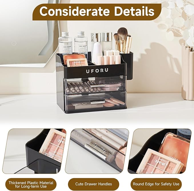 Makeup Organizer for Vanity with Brush Holder, Countertop Organizer with 2 Drawers, Spacious Cosmetic Display Case for Beauty Essential, Skincare, Lipstick