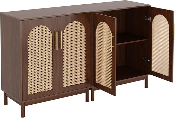Tribesigns Set of 2 Rattan Sideboard Buffet Cabinet with Storage, 59 Inch Accent Cabinet for Dining Room, Living Room, Kitchen, Rattan and Dark Brown