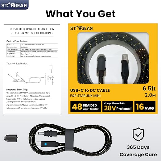 Starlink Mini Cable 16.4FT 18AWG 140W Starlink USB C to DC Power Cable with Smart Protocol Chip Waterproof DesignMini Accessories Compatible with 100W+ PD Source 28V PPS 20V PD Protocols
