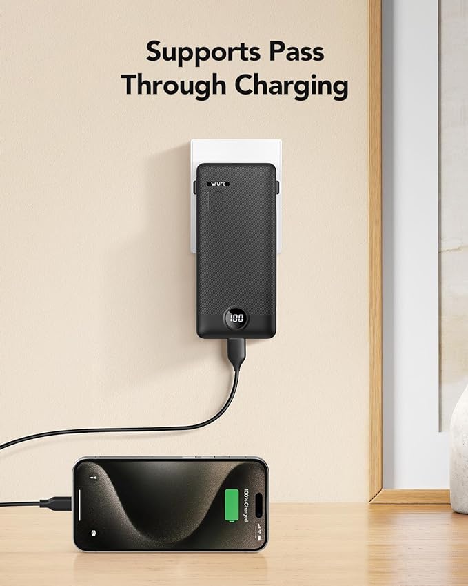 VRURC Portable Charger Power Bank Built-in Cables and AC Wall Plug | USB C Portable Bank 10000mAhTravel Essentials Phone Charger Compact External Battery Pack for Smart PhonesTablets-Black