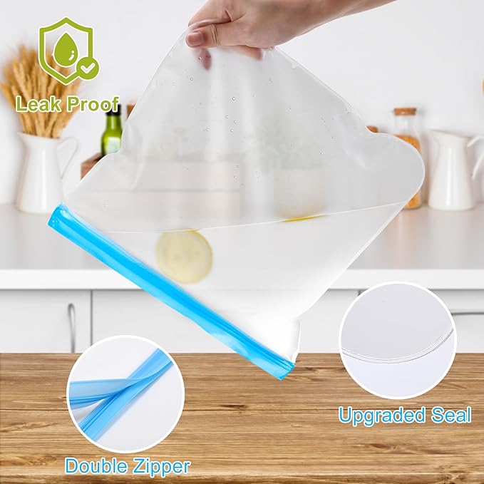 Lerine Dishwasher Safe Reusable Bags, Leakproof Reusable Freezer Bags, BPA Free Food Storage Bags for Lunch Marinate Food Travel (White, 18 Pack-7 Gallon 7 Sandwich 4 Snack)