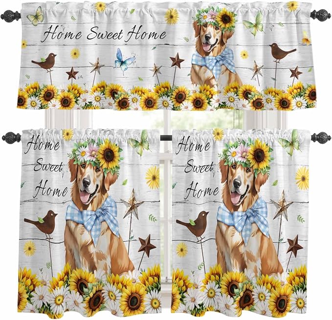 Kitchen Curtains Tiers and Valance Set of 3, Sunflowers Dog Light Filtering