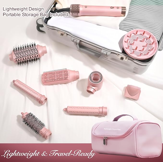 Mythsight Dual Voltage StyleVibe 8-in-1 Air Styler, Hair Dryer & Blow Dryer Brush with Travel Case - Auto Wrap Curls (L/R), Fast Drying, Thermal Brush for Blowouts & Frizz-Free Volume, No Heat Damage