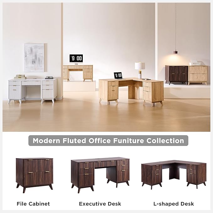 T4TREAM 60'' Fluted Executive Desk with Drawers, Modern Home Office Computer Desk with Charging Station, Keyboard Tray, File Drawer and Storage Cabinet for Study, Living Room, Bedroom, Dark Walnut