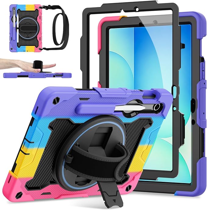 Galaxy Tab S10 Lite/S10 FE/S9 FE 5G/S9 Case 10.9/11 inch | with Screen Protector 360° Rotating Kickstand Hand/Shoulder Strap Heavy Duty Shockproof Cover S Pen Holder Kids Friendly