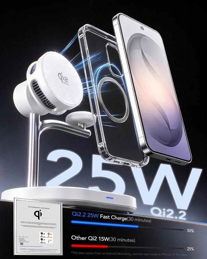 Qi2.2 25W 3 in 1 Mag-Safe Charger with TEC Active Cooling Charging Station | Qi 2 Wireless Charger Fast Charging for iPhone 17-8Galaxy S26/Note/Z Fold Flip8Apple/Samsung WatchPods/Buds(45W Adapter)