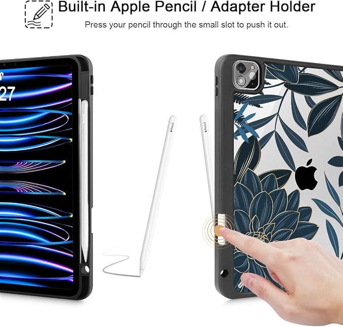 Tuiklol for iPad Pro 11 Inch 4th / 3rd / 2nd / 1st Gen (2022 2021 2020 2018) Case -Built-in Pencil Holder Shockproof Cover Clear Transparent Back Shell with Auto Wake/Sleep Black Flower