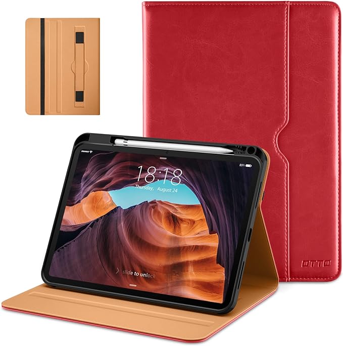 DTTO for iPad (A16) 11th Generation 11-inch &amp 10th Gen Case Brown | Premium Leather Business Cover with Pencil Holder Hand Strap &amp Pocket Corner Protection Auto Sleep/Wake for Work &amp