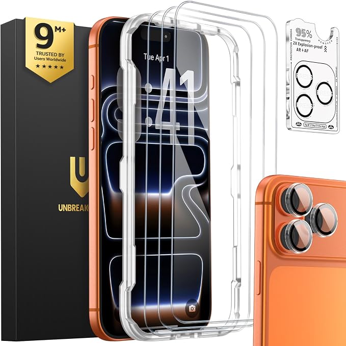 UNBREAKcable iPhone 15 Screen Protector 3-Pack Upgraded Dual-Tempered Glass + 3 Camera Lens Protectors Military-Grade 9H Hardness HD Clarity Anti-Fingerprint Case Friendly 6.1 Inch | Upgraded Du