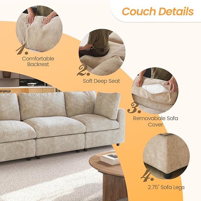 JACH V Shape Sectional Couches with Chaise Ottoman, Convertible Modular Sofa, Cloud Sectional Couch, Sofa Covers Washable, Minimalist Couch for Living Room, Apartment, Khaki