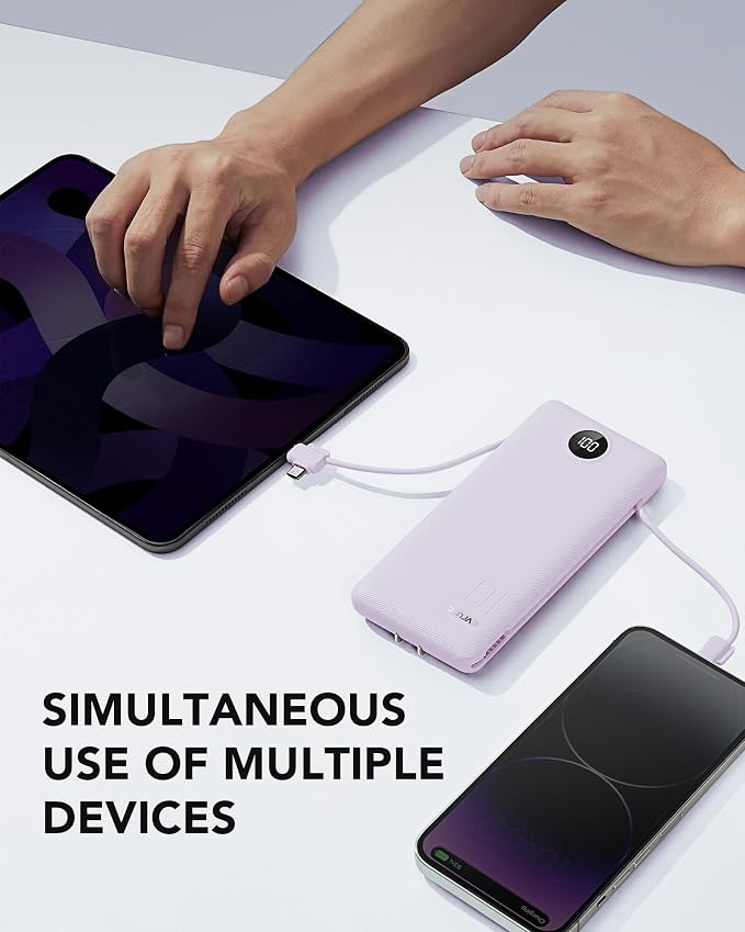 VRURC Portable Charger Power Bank Built-in Cables and AC Wall Plug | USB C Portable Bank 10000mAhTravel Essentials Phone Charger Compact External Battery Pack for Smart PhonesTablets-Black