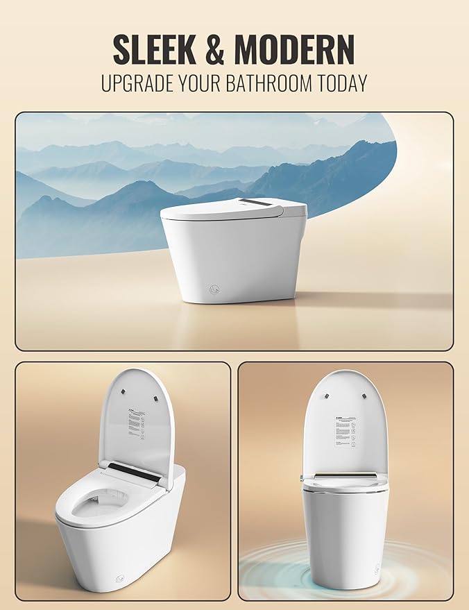 Luoware Smart Toilet with Bidet Built in, Luxury One Piece Elongated Bidet Toilet, Auto Open/Close/Flush, Foot Sensor Operation, Built-in Tank & Booster Pump, Heated Seat, Massage Wash, Night Light