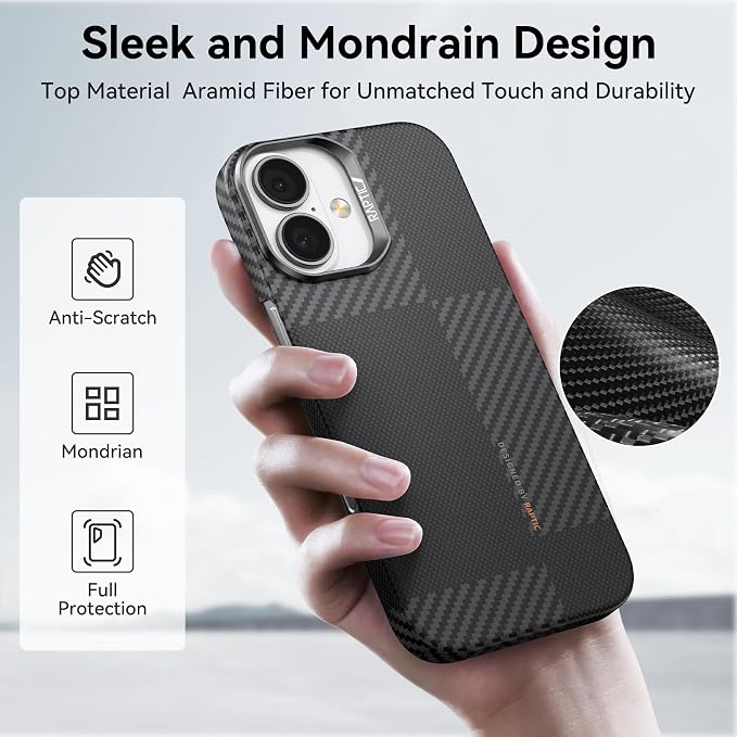 RAPTIC Aramid Fiber Case for iPhone 16 Pro Compatible with MagSafe Non-Slip &amp Slim 600D Aramid Fiber [Military Grade Drop Tested] Anti-Scratch Shockproof Protective Case 6.3 inch Black