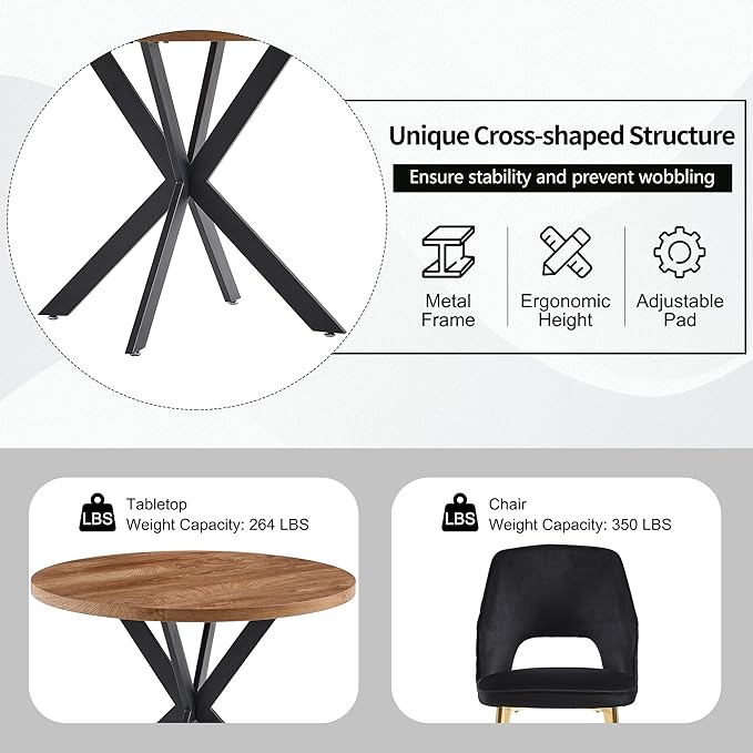 NORDICANA 3-Piece Dining Table Set for 2 - Space Saving 37-Inch Round Table and Chairs, 2 Seaters Dining Set with Upholstered Dining Chairs (Black)