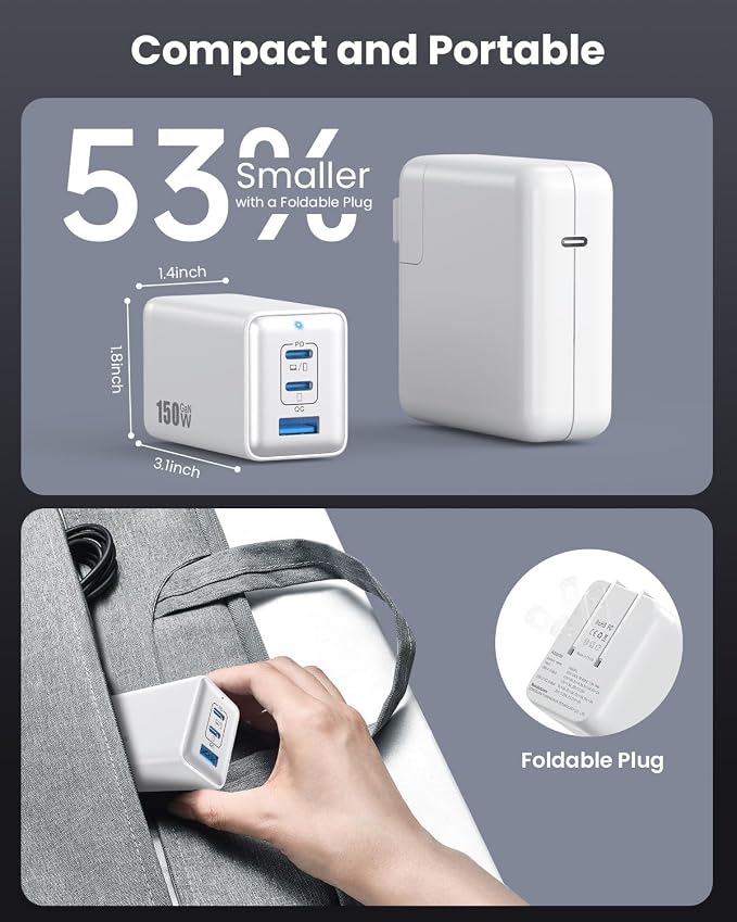150W USB C Charger BlockGaN III Compact Foldable Wall Charger 3 Port Fast Charging StationPD QC PPS Portable USB C Hub 100W Laptop Adapter for MacBook Pro/AiriPadiPhone 17/ProGalaxy S24Dell etc