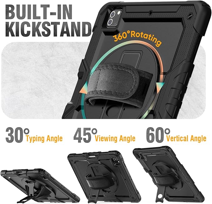 HXCASEAC Case for iPad Pro 12.9 Case (6th 5th 4th 3rd Generation) Shockproof Design | Pencil Holder | Hand Strap | Screen Protector | Heavy Duty Protective iPad 12.9 inch 2022/2021/2020/2018 - Black