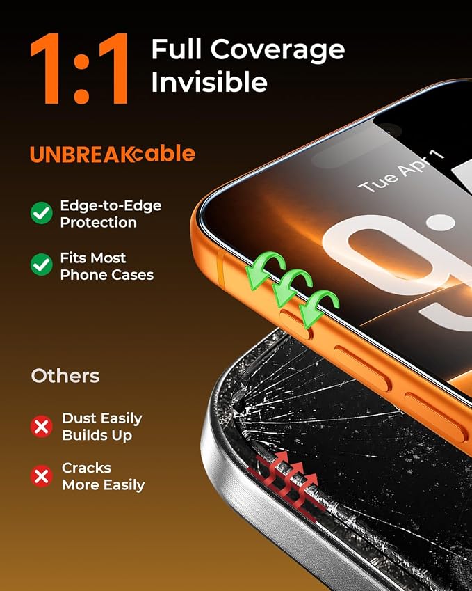UNBREAKcable iPhone 17 Screen Protector [3-Pack] Tempered Glass with Auto-Align Tech for Easy Install 9H+ Hardness Anti-Fingerprint Ultra-Clear Full-Coverage Protection 6.3-Inch