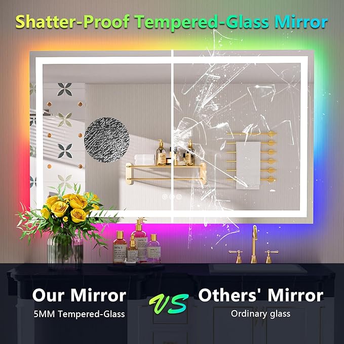 YEELAIT 57x36 Inch RGB LED Bathroom Mirror Front Light and RGB Backlit Lighted Vanity Mirror for Bathroom Wall Mounted Dimmable Anti Fog Memory Shatter-Proof IP54 Waterproof Horizontal/Vertical
