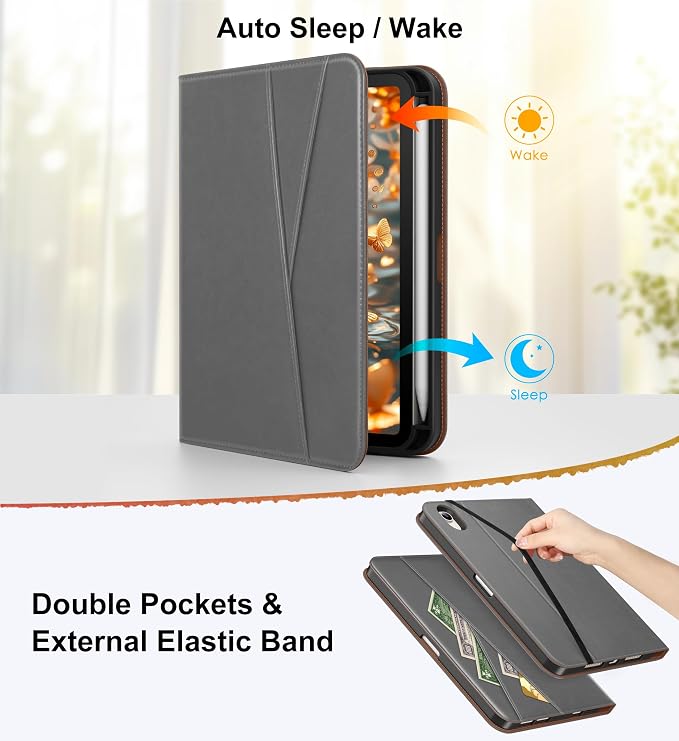 DTTO for iPad mini 7 A17 Pro 2024 aslo fit iPad mini 6 2021 Brown | 360 Degree Rotating Premium Faux Leather Folio Stand Cover with Pencil Holder Auto Sleep/Wake Multiple Angles Hand Strap