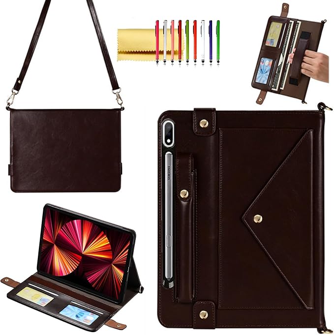 Handbag Case for Samsung Galaxy Tab S10 FE/S9 FE 10.9/S9/S8/S7 11 Techcircle Folio Stand Crossbody Wallet Protective Cover with S Pen Holder &amp Card Slots Hand Strap &amp Shoulder Strap Black