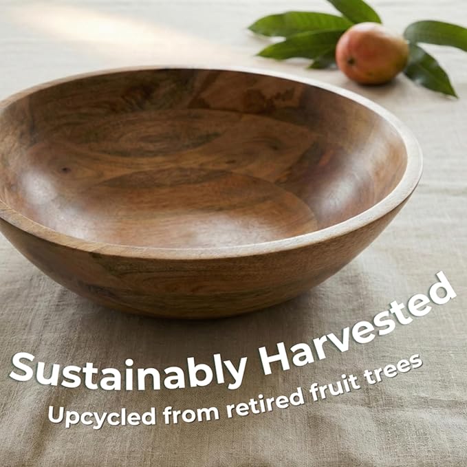 Extra Large Wooden Salad Bowl 15" with Serving Utensils | Oversized Mango Wood Salad Bowl for Big Family Meals | Large Wood Serving Bowl for Salad, Pasta, Popcorn | Handcrafted Wooden Salad Set