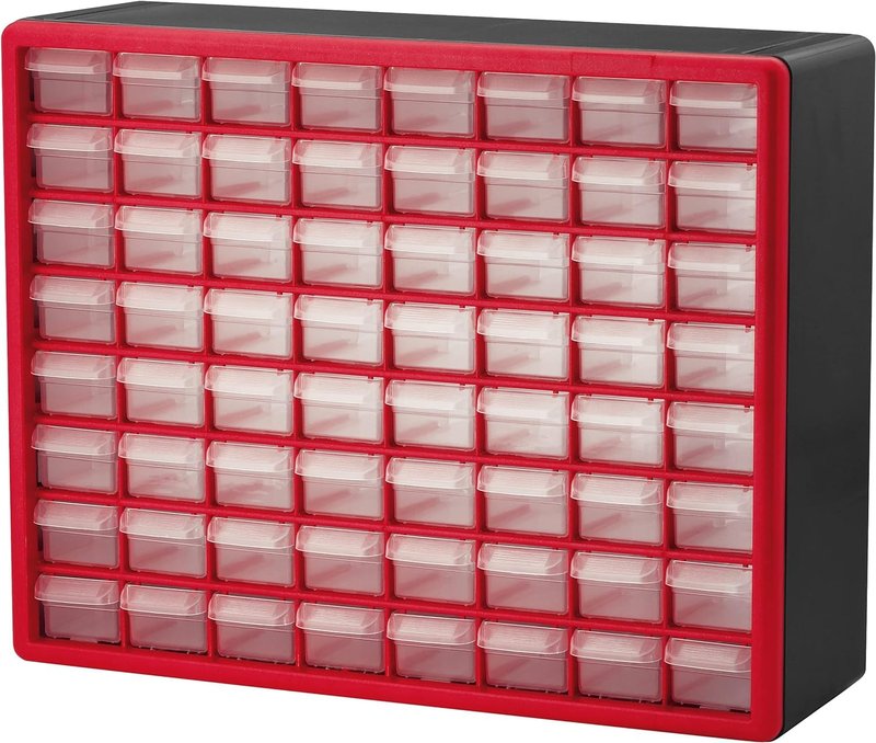 Akro-Mils 64-Drawer Plastic Drawer Storage Cabinet for Garage Organization, Bead Organizer, Building Bricks Storage, Teacher Toolbox, Makeup Organizer, 20" W x 6" D x 16" H, 10164 Red