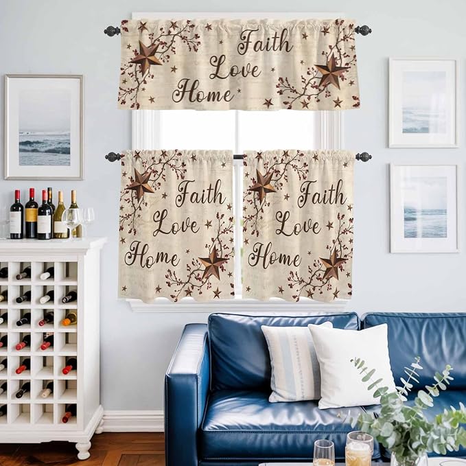 Kitchen Curtains Tiers and Valance Set of 3, Retro Country Stars Rustic
