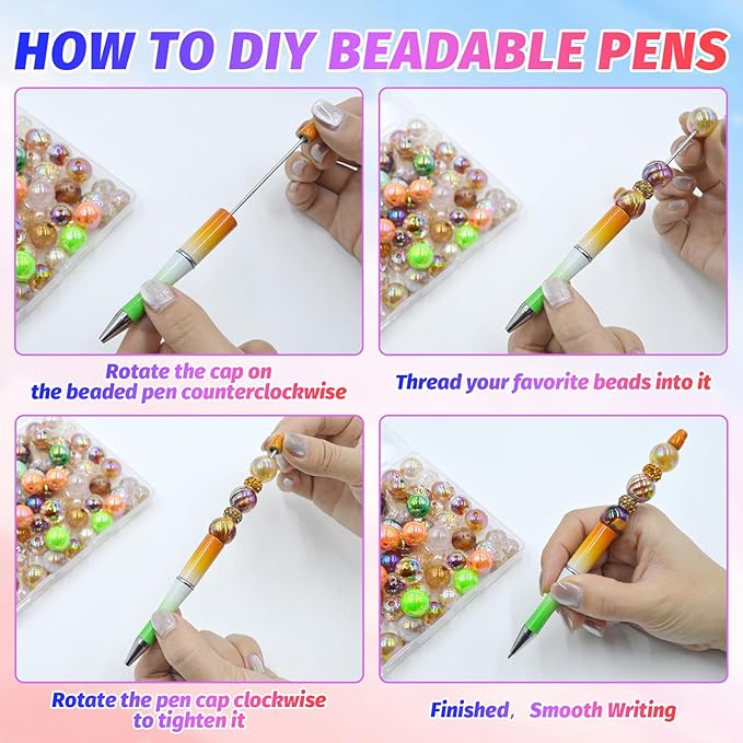 300 Pieces DIY Beadable Pen Kit – 100 Plastic Ballpoint Pens with Refills & Bags – School Supplies, Office Accessories & Decorative Items for Students & Teachers (Gradient)