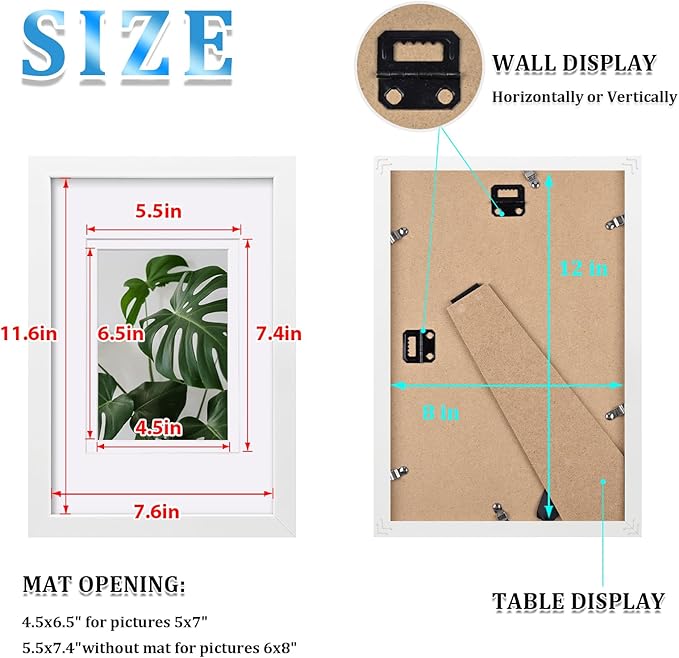 Egofine 8x12 Picture Frame White Covered by Plexiglass Made of Solid Wood, Display Pictures 5x7/6x8 with Mat or 8x12 Without Mat for Table Top and Wall Mounting