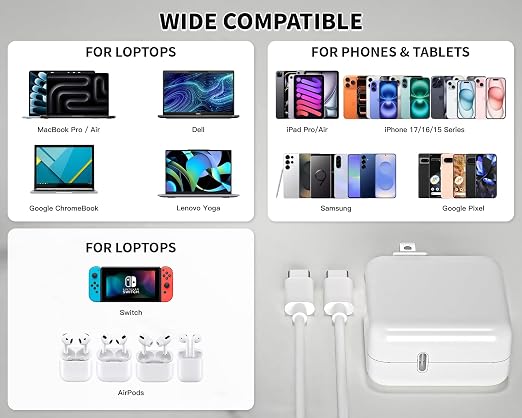 Mac Book Pro Charger - 45W USB C Fast Charger Power Adapter for USB C Port MacBook Air 13 15 inch /MacBook Pro 14 16 inch iPhone 17/ 16/ 15 iPad Pro and All USBC Devices 6FT Type-C Cable Included