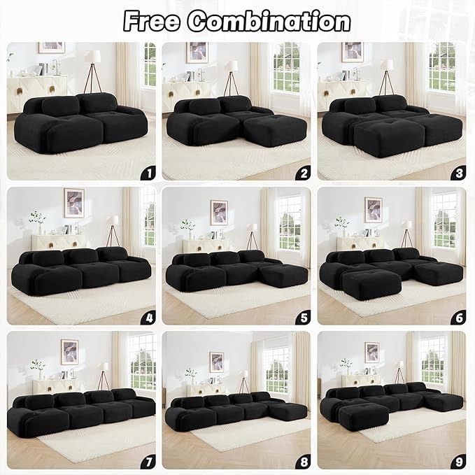 152" Modern Corduroy Cloud Sofa, Boneless Modular Large Sectional Couches for Living Room, Black 4 Seater Compressed Memory Foam Couch, Extra Deep Seat, No Assembly