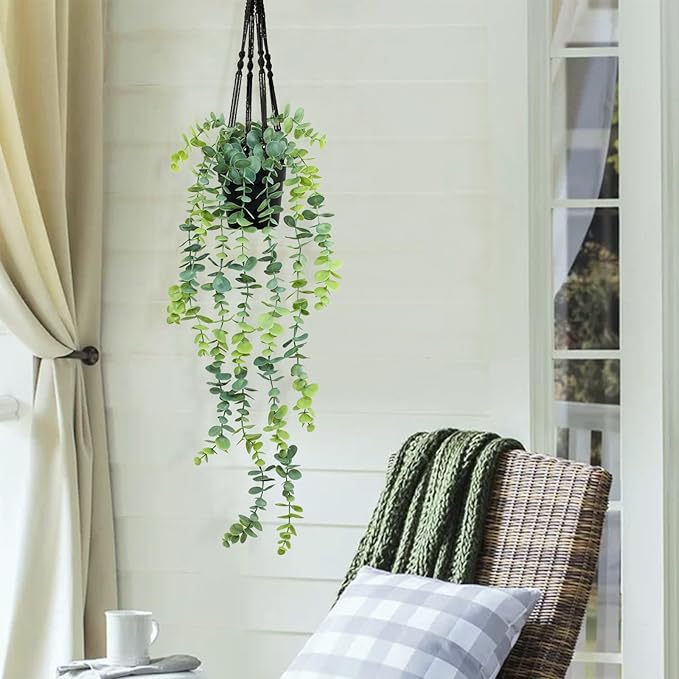 LOYWREE Fake Hanging Eucalyptus Plants Small Potted Long Vine Plants Indoor for Vintage Boho Farmhouse Bathroom Office Desk Wall Shelf Room Aesthetic Decor (Black Pot)