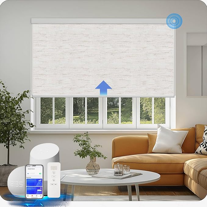 COOLWINDS Motorized Blinds with Remote Cordless Automatic Motorized Shades Custom Blinds for Windows Smart Curtains Compatible with Alexa Google Home(Blackout Linen Sandy Beach,W70 x H72in)