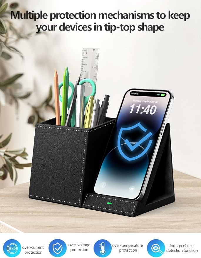 Bamboo Pen Holder for Desk &amp Nightstand Organizer with Fast Wireless Charging for iPhone Samsung &amp More – Office Desk Accessories for Men/Women (Bamboo)