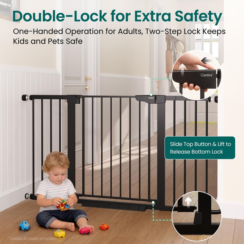 Cumbor 30-54" Extra Wide Baby Gate for Stairs, Dual Lock & Self-Closing Dog Gate Indoor, Easy Install Pet Gate for Doorways, Hallways & Kitchen, Easy Walk Thru Safety Proofing for Babies & Pets, Black