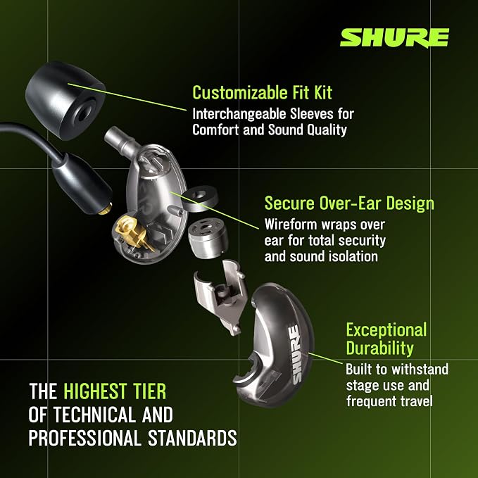 Shure SE215 PRO Sound Isolating Wired Earbuds - Black | Professional in-ear monitors with deep bass single dynamic driver secure fit detachable cable and carrying case