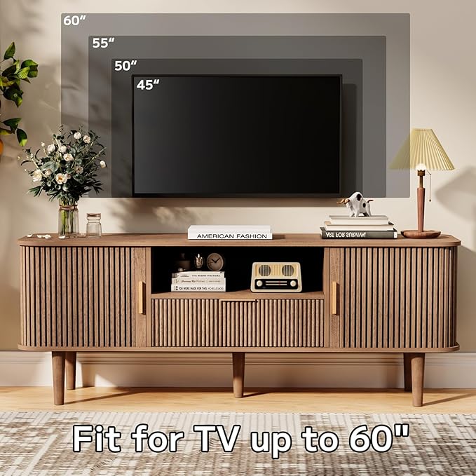 DAMCROP Fluted TV Stand, 55 Inch Mid Century Modern Media Console Table with Sliding Tambour Door Farmhouse Sideboard Buffet Cabinet Fits TVs up to 75 inch, Wood Entertainment Center for Living Room