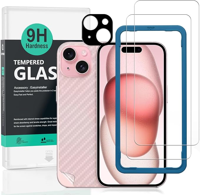 Ibywind 2 Pack Screen Protector For Apple iPhone 15 5G 6.19H Hardness Tempered GlassWith 1Pc Camera Lens Protector1Pc Back Carbon Fiber Film