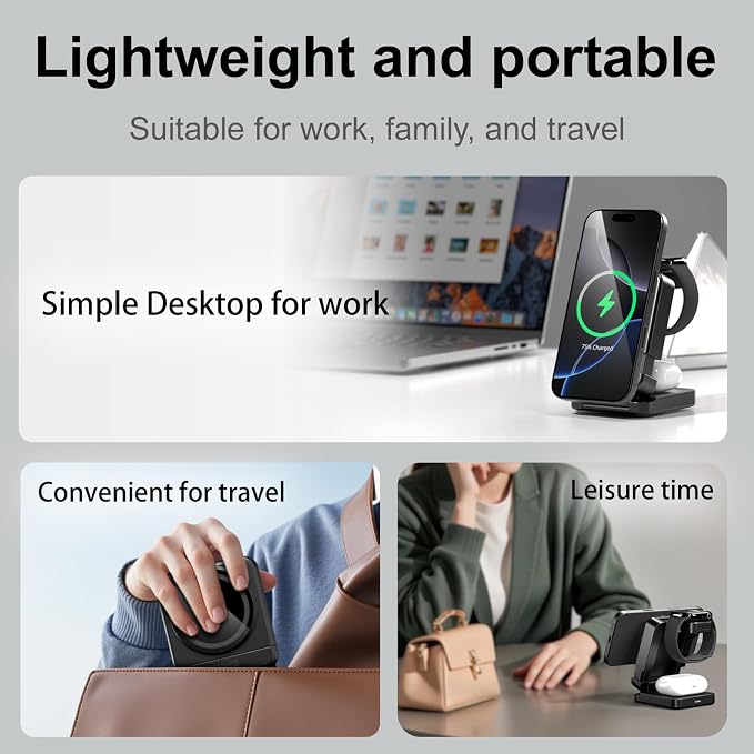 Foldable Wireless Charging Station Black with 30W Adapter | Portable Magnetic Travel Charging Stand for iPhone &amp Samsung Apple Watch &amp Galaxy Watch AirPods &amp Galaxy Buds