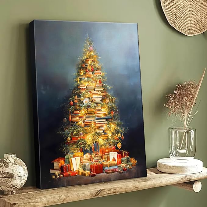 Vintage Books Christmas Tree Canvas Wall Art - Rustic Literary Still Life Framed Print for Cozy Winter Decor, Light Academia Christmas Wall Art, Unique Christmas Gifts & Festive Decorations