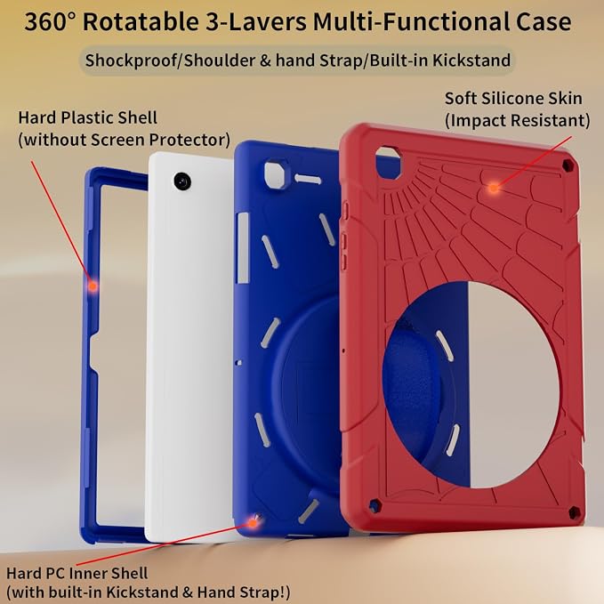 Case for Samsung Galaxy Tab A8 10.5'' Sturdy Heavy Duty Full-Body Shockproof Protective Case 360° Rotating Stand Hand/Shoulder Strap (Black+Blue)