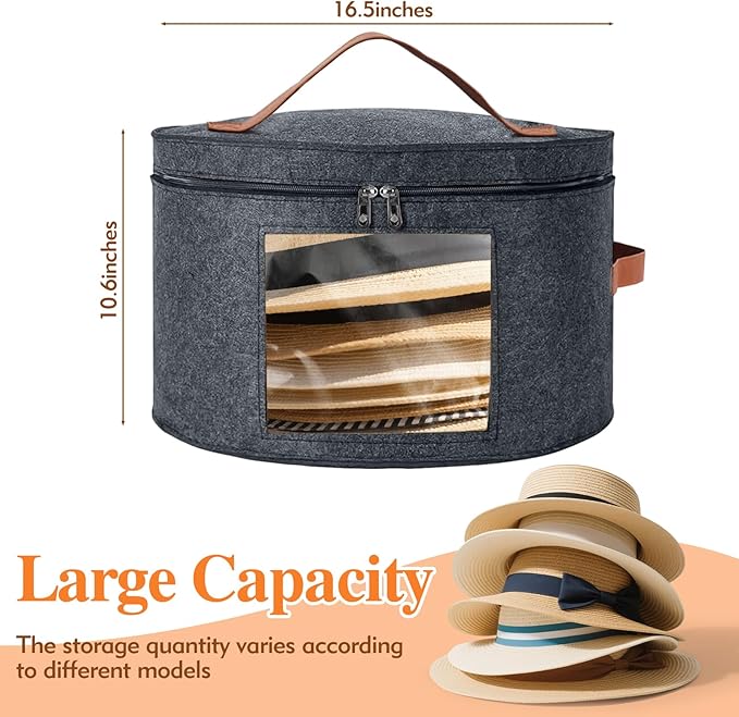 Kovpnor Round Hat Box, Stackable Felt Hat Boxes for Women Storage, Foldable Premium Hat Travel Case with Dustproof Lid, Space Saving Hat Organizer (Grey)