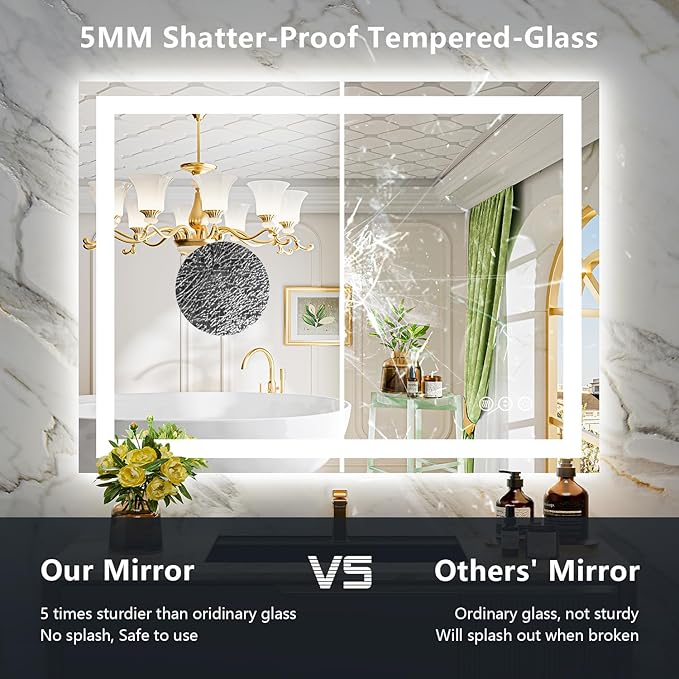 YEELAIT 55x40 Inch LED Bathroom Mirror with Lights Front and Backlit Lighted Vanity Mirror for Bathroom Wall with 3 Colors Dimmable Anti-Fog Memory Shatter-Proof IP54 Waterproof Horizontal/Vertical