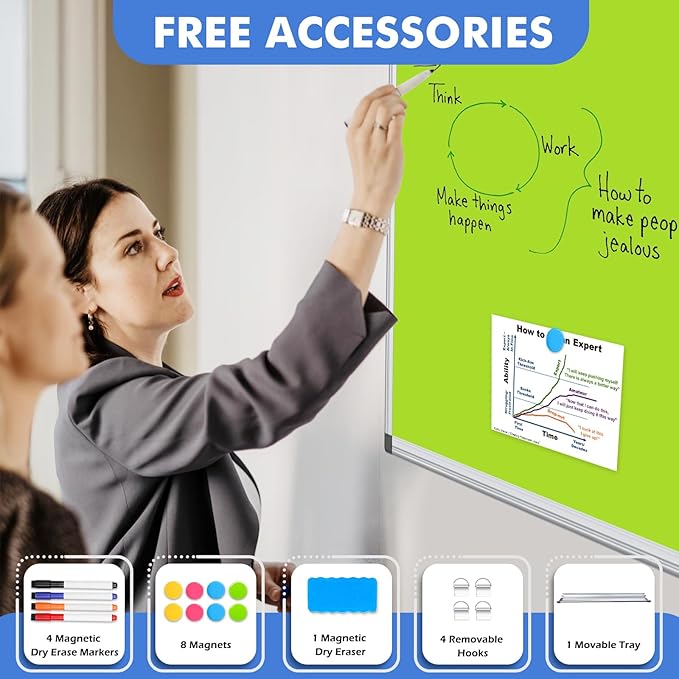 WALGLASS Magnetic Whiteboard 36"x24" Dry Erase White Board for Walls with Pen Tray, Aluminium Frame and Dry-Wipe Writing Surface for Drawing, Home, and Office (Green)