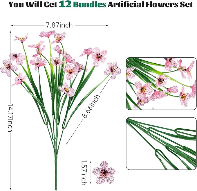 Lnoicy 12 Pcs Artificial Flowers for Outdoor,Plastic Flowers Decoration, UV Resistant Faux Flowers Shrubs, Artificial Plants for Indoor Outside Garden Home Wedding Farmhouse（Pink）