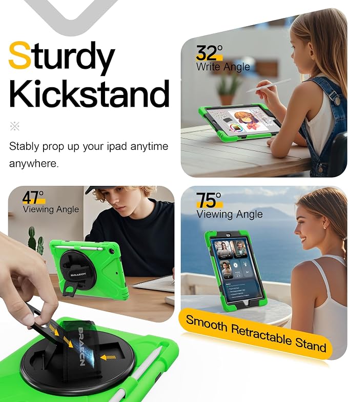 BRAECN Case for iPad 6th/5th Generation - 9.7 inch 2018/2017 Black | Protective Heavy Duty Shockproof Rugged Cover for Kids/Adults 360° Rotating Hand Strap/Stand &amp Detachable Shoulder Strap