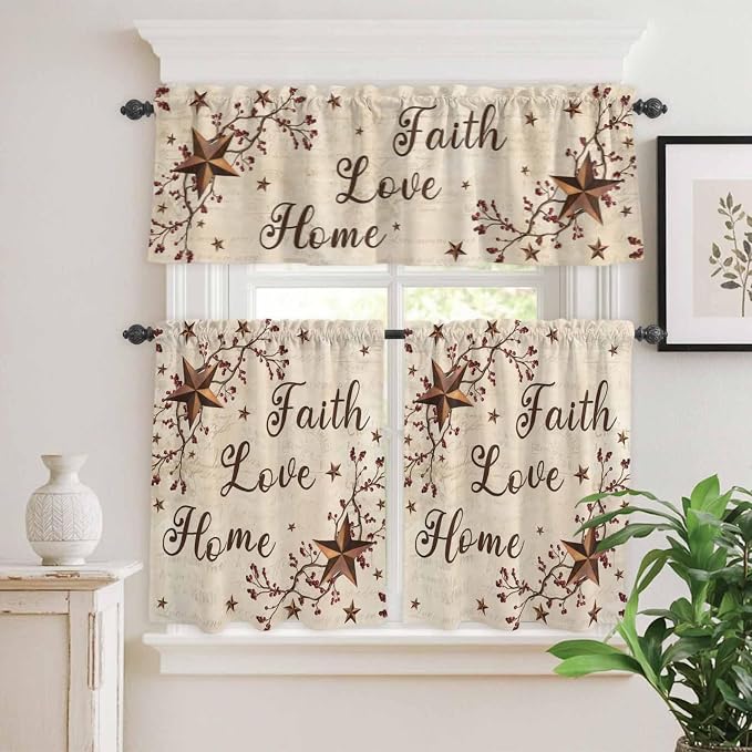 Kitchen Curtains Tiers and Valance Set of 3, Retro Country Stars Rustic