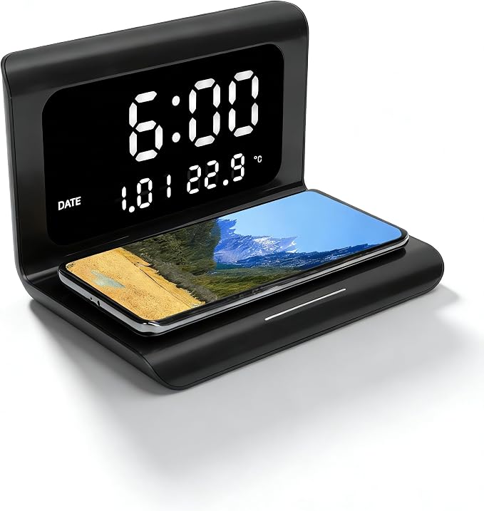 Wireless Charging Station MultiFunctional Charger Stand with Alarm Clock Calendar Phone Wireless Automatic Matching Charger for Bedrooms (Black)