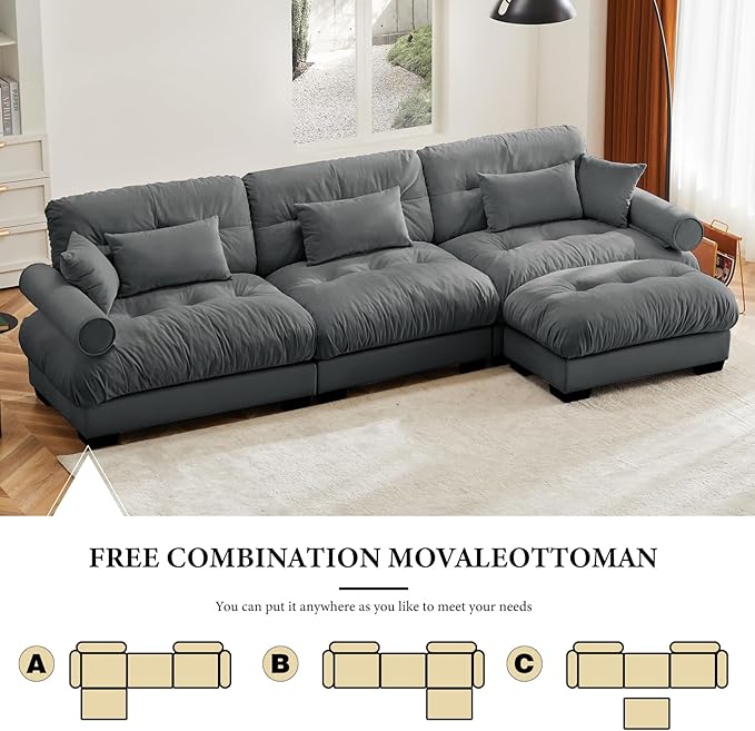 130" Grey Modular Sectional Sofa, 3 Seater Large Sectional Couches for Living Room, Velvet Fabric Oversized Fluffy Cloud Couch with Ottoman, Deep Seat Home Sofas Set, Sofá Moderno, L Shaped